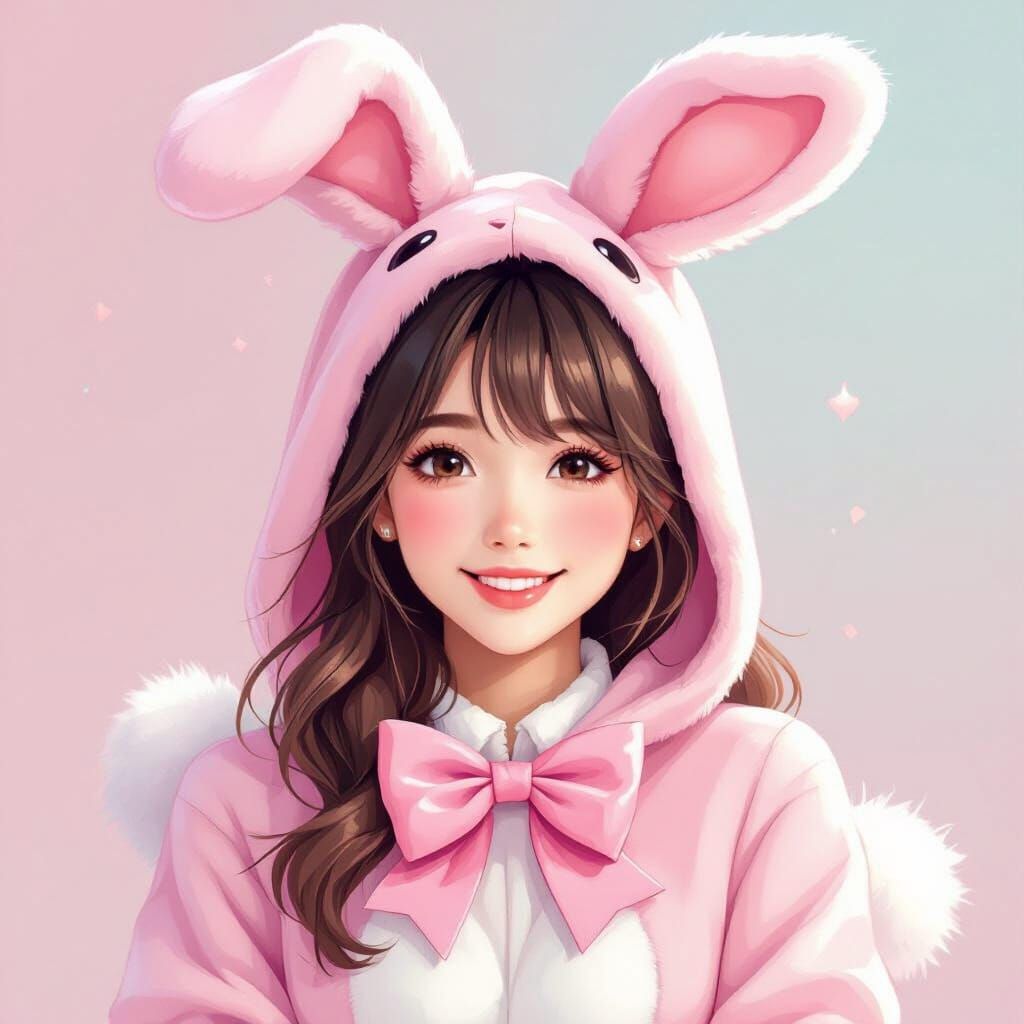 Anime Style Portrait of Woman in Pink Bunny Costume