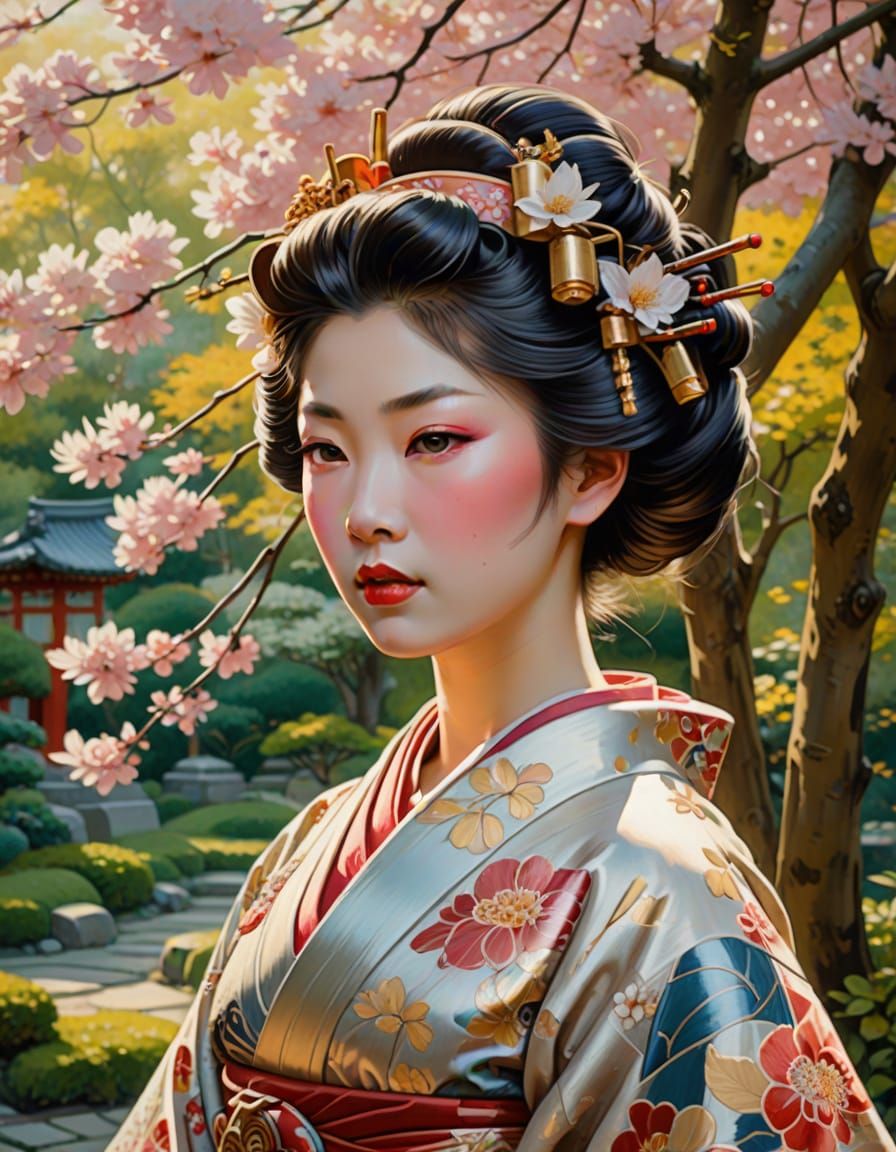 Art Nouveau Geisha in Japanese Garden - Oil Painting