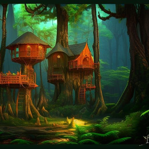 Elven Treehouses in a Fantastical Forest