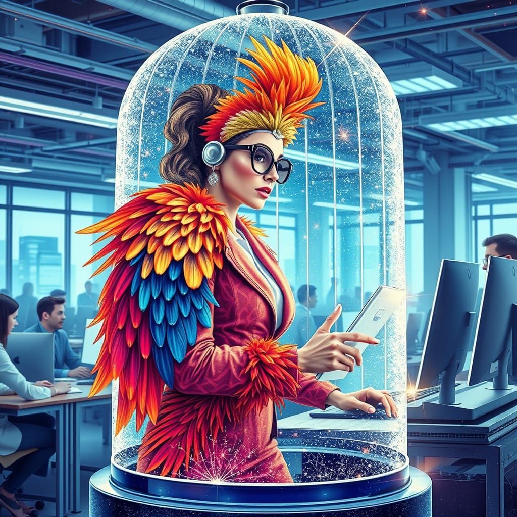 Woman in Feather Suit in Glass Cage: Holographic Illustratio...