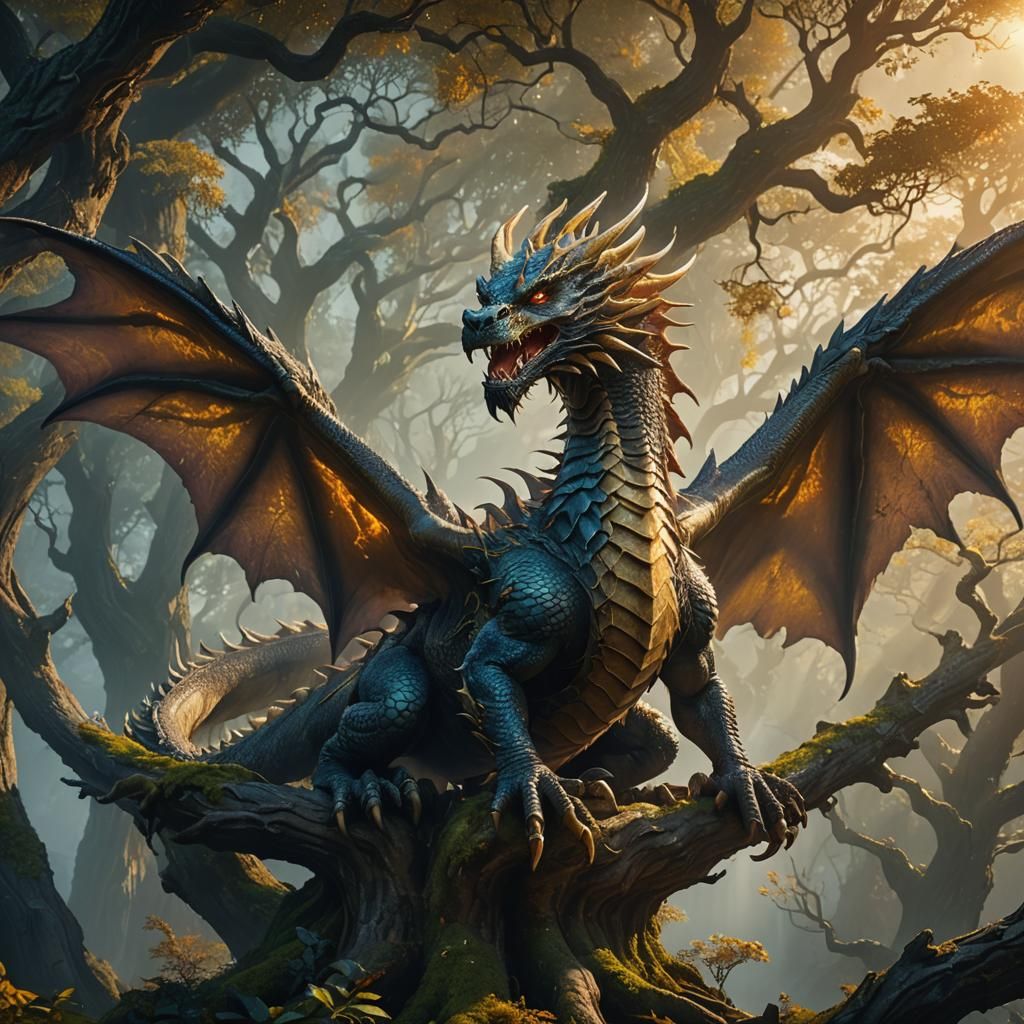 Roaring Dragon on Mystical Tree in Fantasy Art