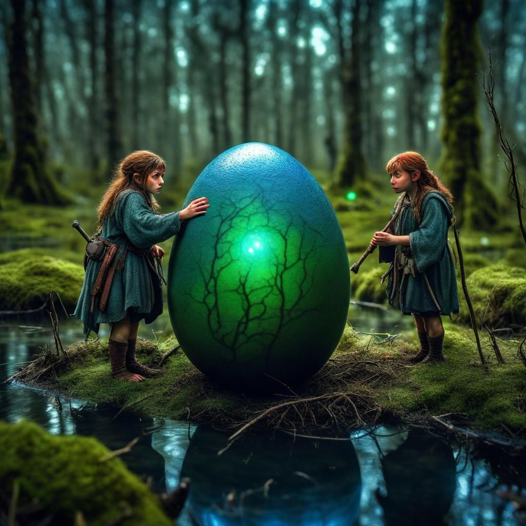 Hobbit Females Guarding a Glowing Egg in Swamp
