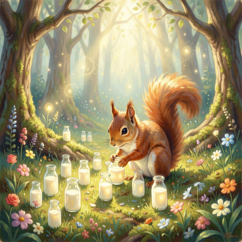 Enchanted Forest Squirrel Arranges Glowing Milk Bottles