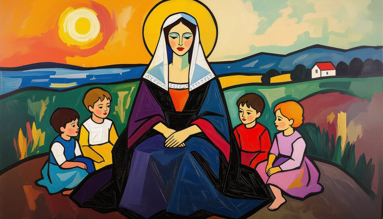Lady Madonna with Children in Expressionist Impasto Style