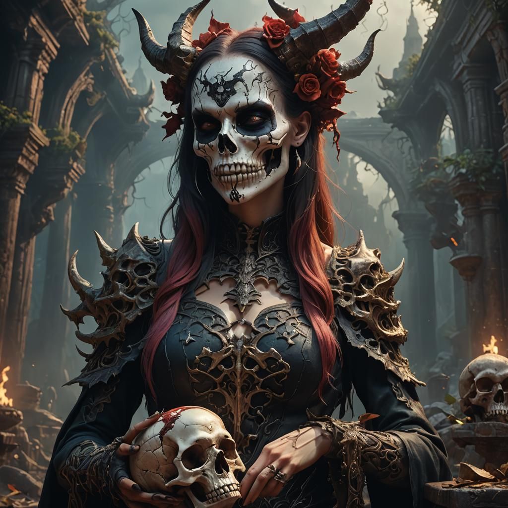 Ethereal Demoness Kisses a Skull in a Vibrant, Fantastical L...