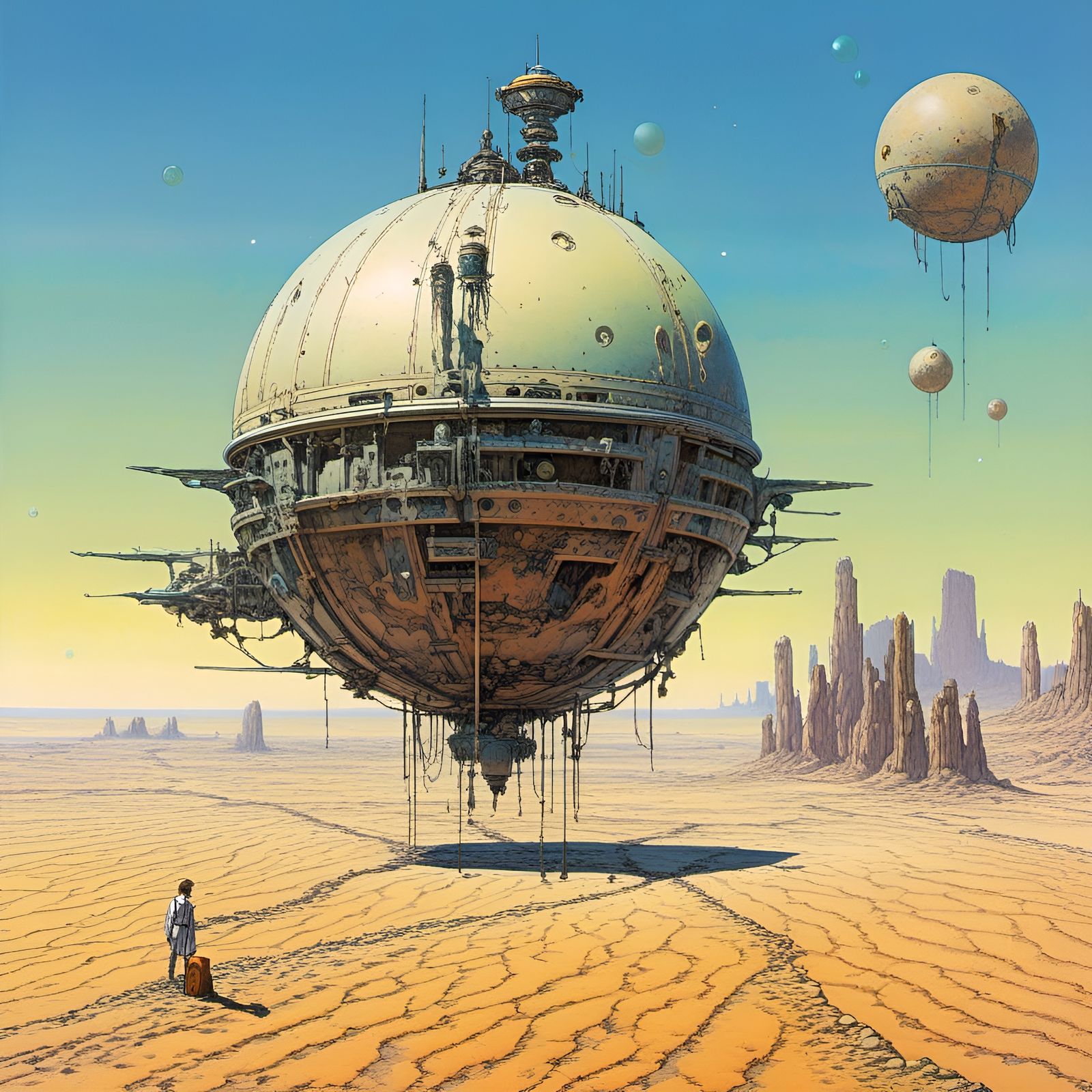 Mechanical Sphere Over Desert: 1970s Sci-Fi Illustration