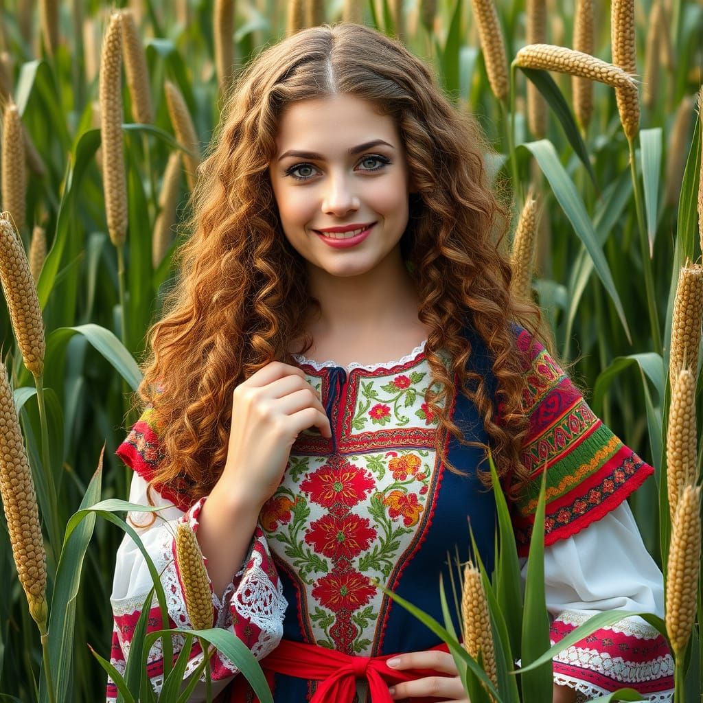 Slavic Beauty in Grain Field, Art Nouveau Style