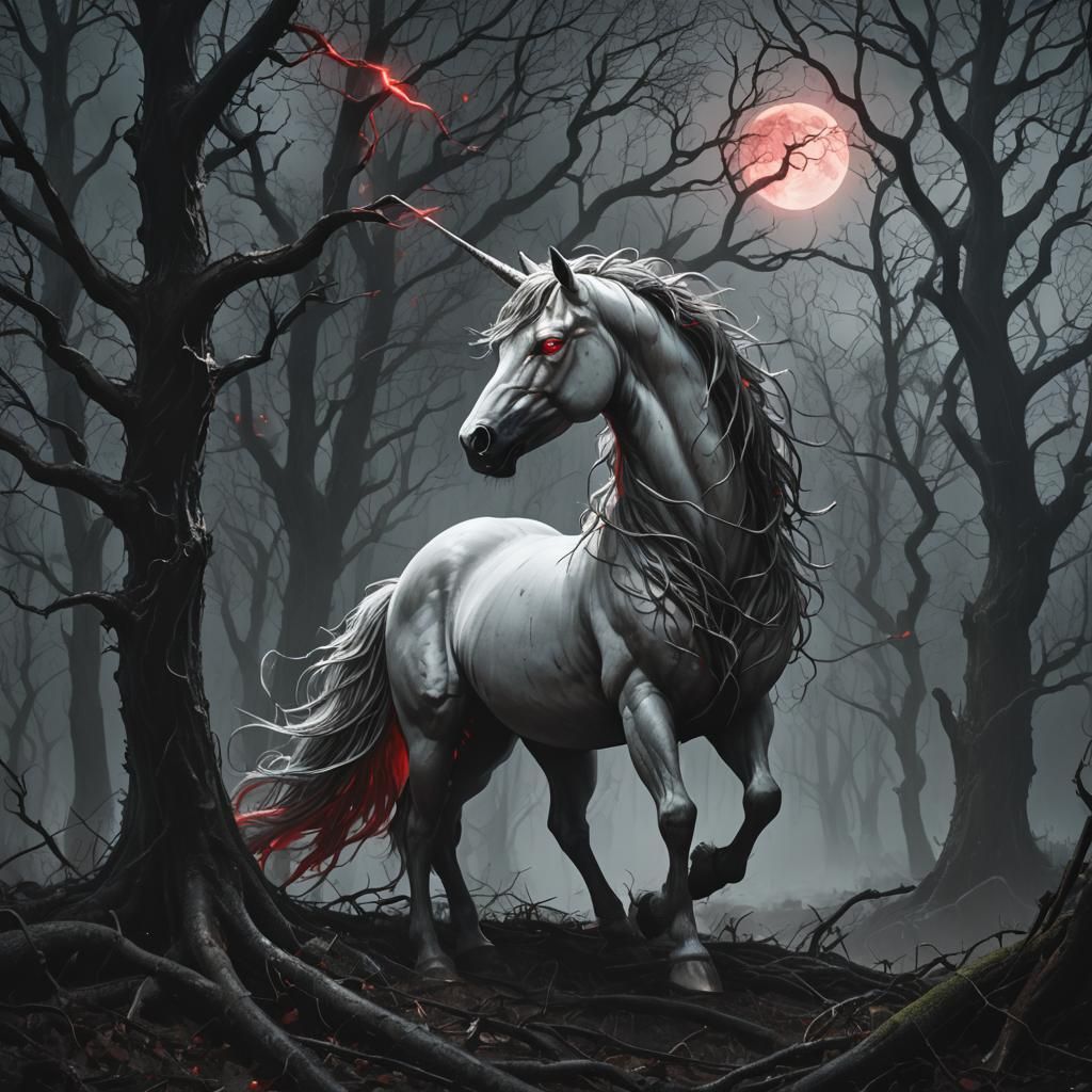 Eerie Moonlit Unicorn in Ominous Forest