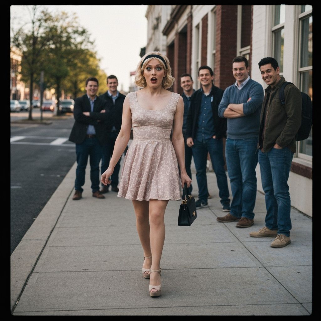 Crossdressing Young Man Walks Sidewalk in Minidress