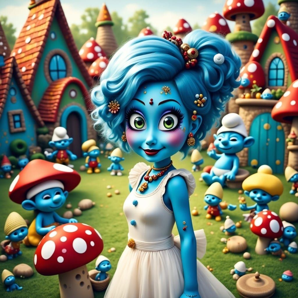 Confident Blue-Haired Smurf in Whimsical Village