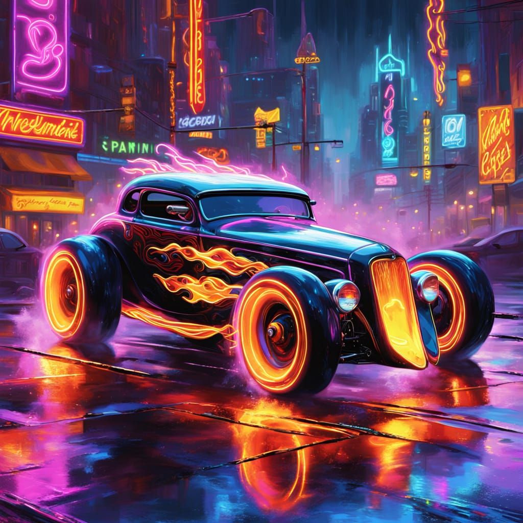 Neon-Lit Cyberpunk Hot Rod Speeds Through Cityscape