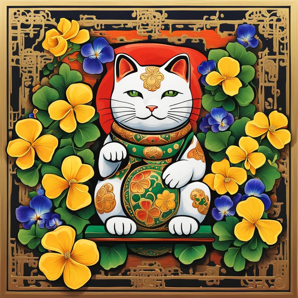 Maneki Neko with Flowers: Abstract Art