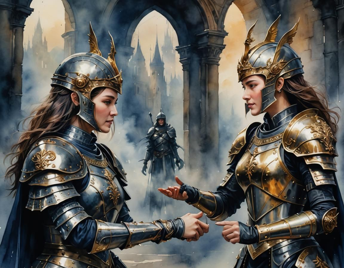 Armored Women Share High Five in Watercolor Style