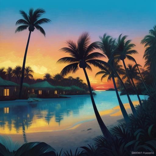 Surreal Palm Tree in Glowing Sunset: Impressionist Art