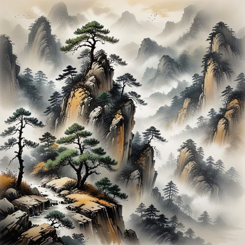 Lone Wanderer in Misty Mountains Ink Wash Painting