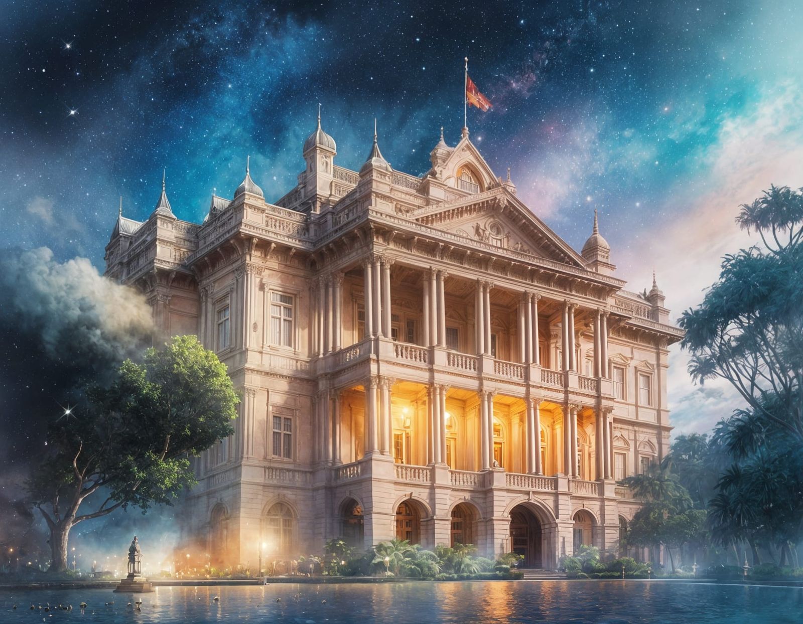 Iolani Palace Under Galaxy Sky: Ghibli-Inspired Watercolor