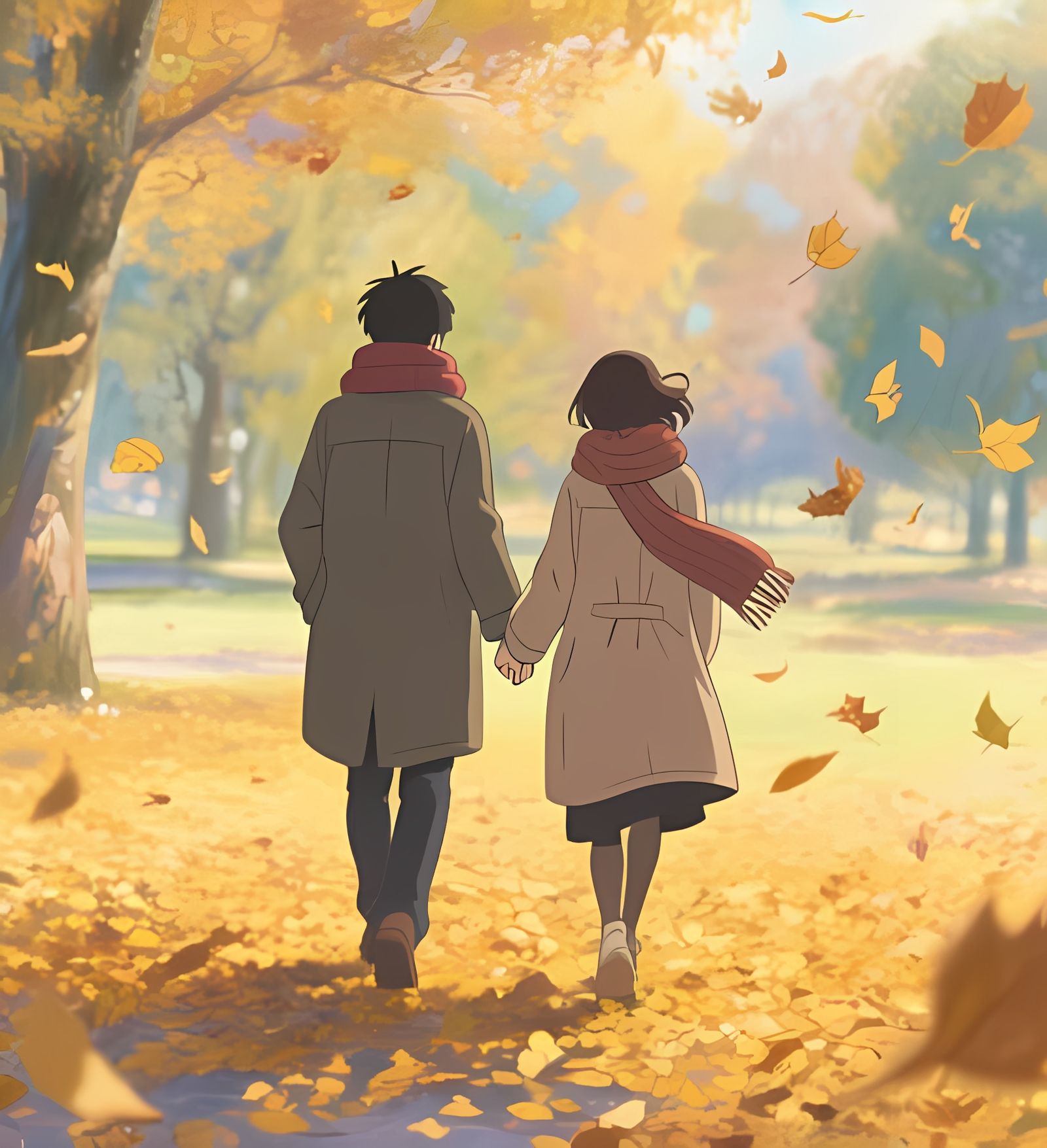 Couple's Autumn Walk in a Golden Park