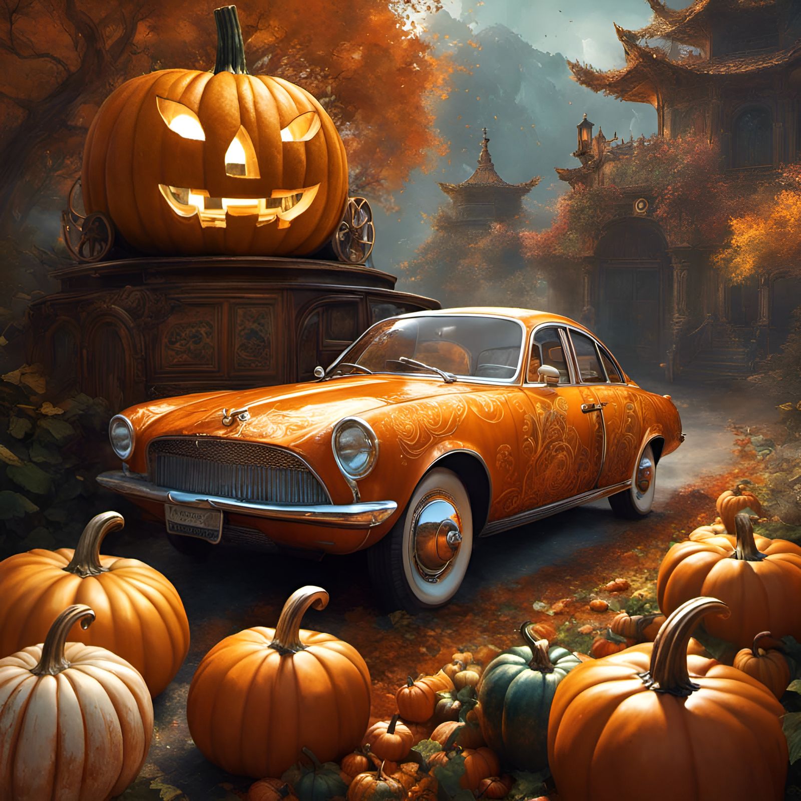Pumpkin Car Sedan with Intricate Motifs