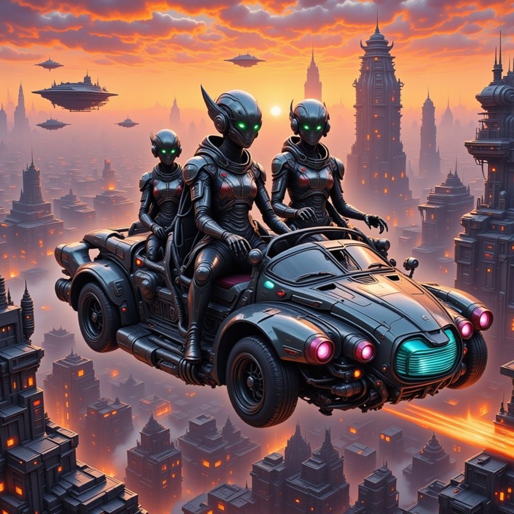 Aliens in a Flying Car: Retro-Futuristic Cityscape