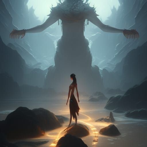 Dark Fantasy Beach Lotus Pose, Detailed Digital Art