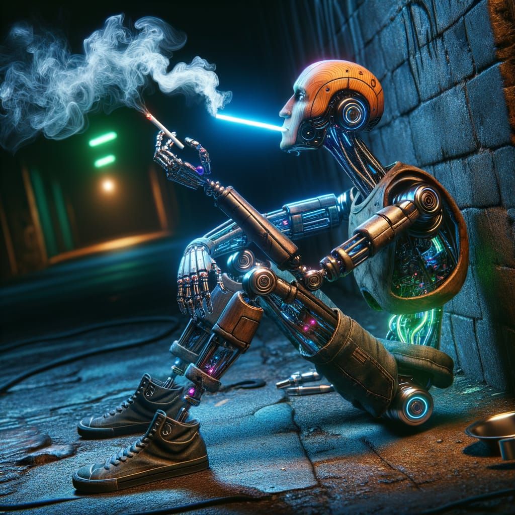 Cyberpunk Marionette Smokes in Neon-Lit Night