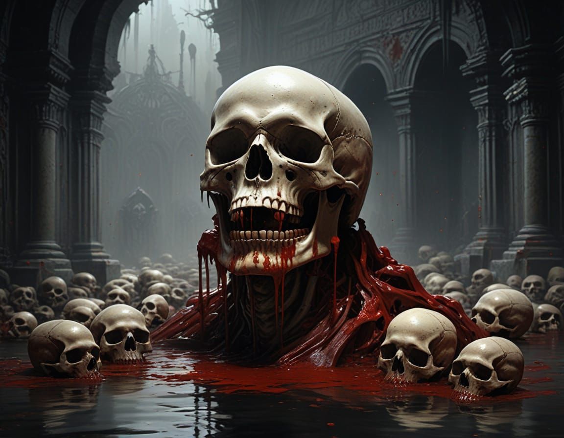 Blood Fountain of Skulls in Gothic Horror Style