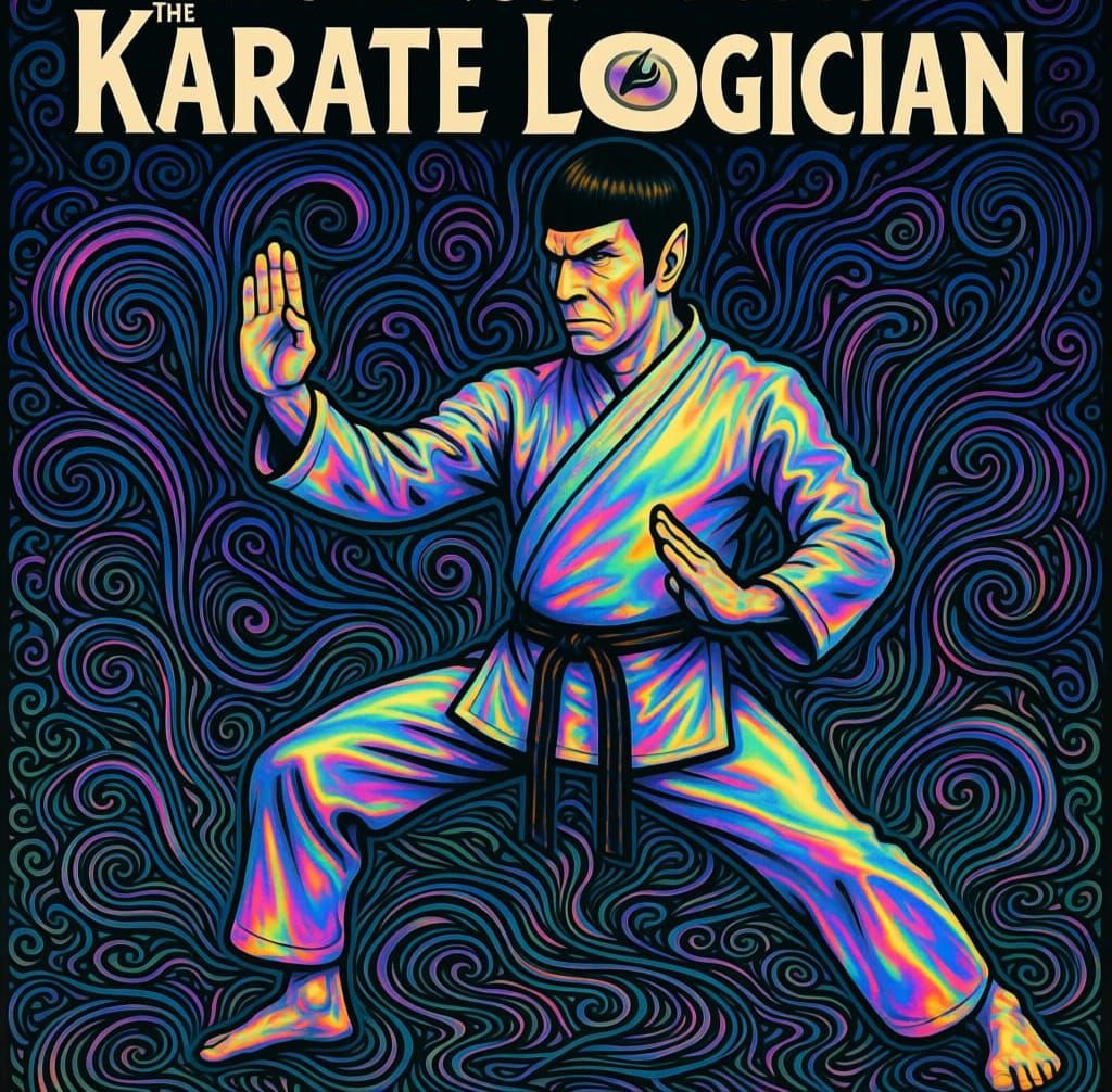 Movie poster with a title "The Karate Logician" Iridescent s...