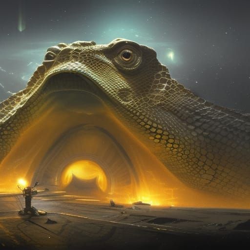 Golden Reptilian Space Center in Dark Fantasy Art Style