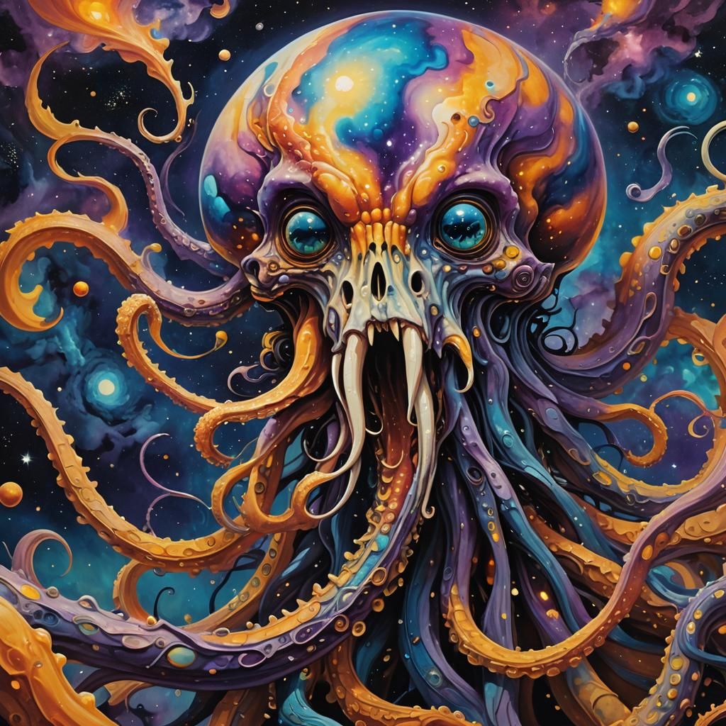 Surreal Cosmic Creature Devouring Galaxy in Dreamlike Style