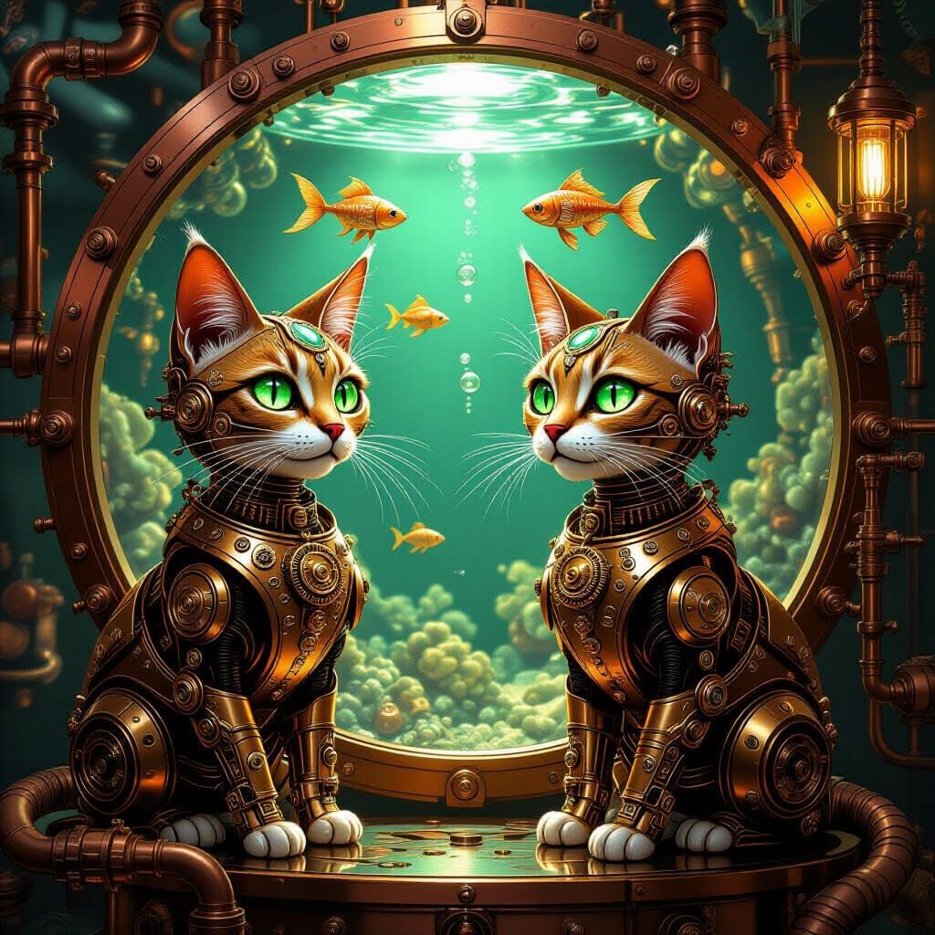 Steampunk Mechanical Cats Guarding a Clockwork Aquarium