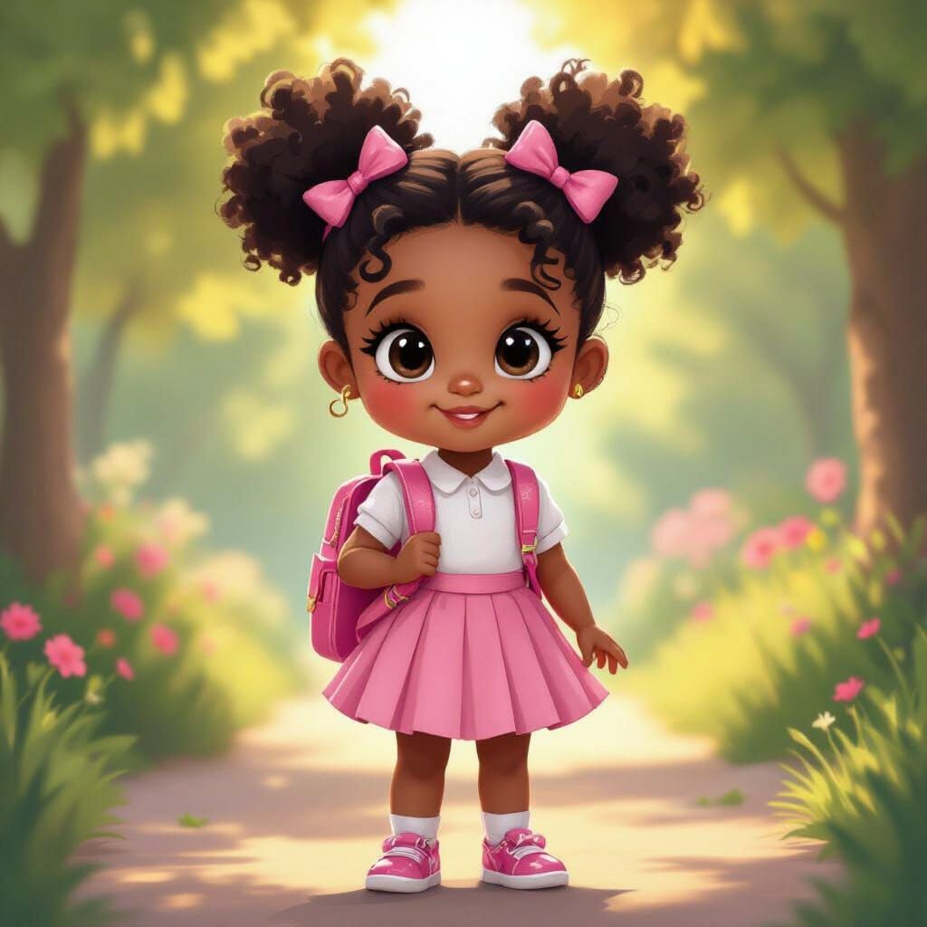 Chibi Girl with Pink Backpack in Cartoon Style