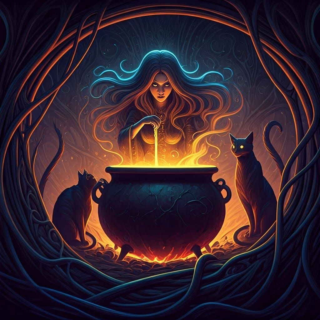 Neon Witch Brewing Potion in Art Nouveau Style