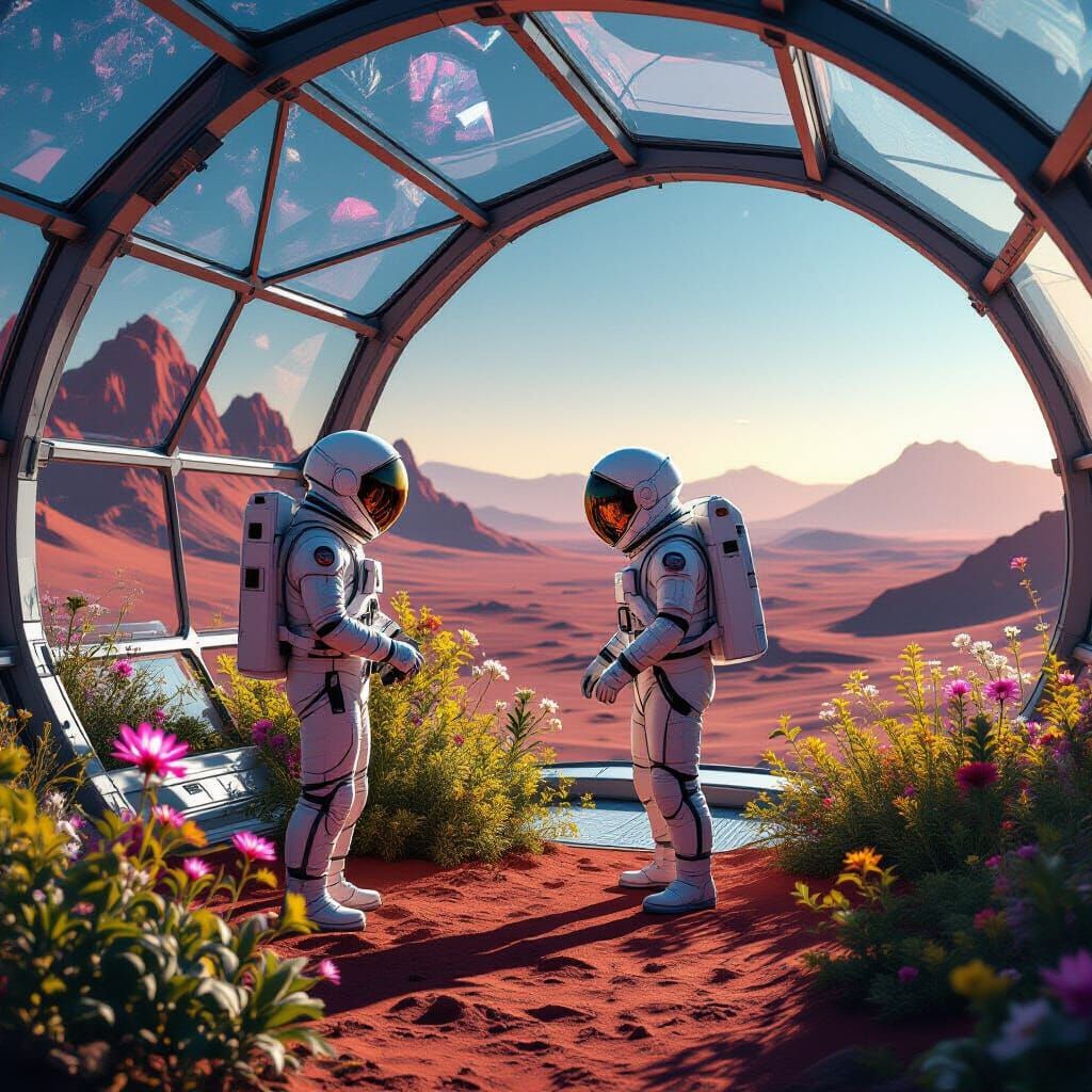 Astronaut Tends Bioluminescent Plants in Martian Biodome