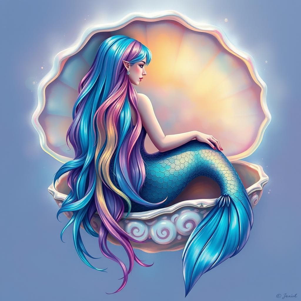Rainbow Mermaid Lounging in Pearl Shell: Graffiti Art