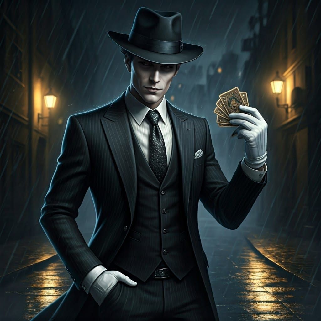 Suave Jester in Noir Rain Alleyway, Manipulating Trump Cards...