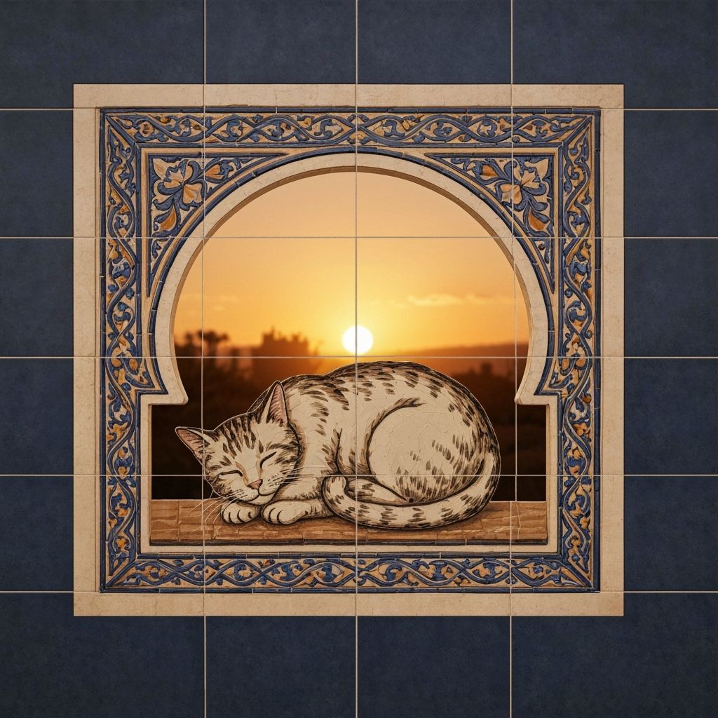 Moroccan Mosaic Tile of Sleeping Cat at Sunset
