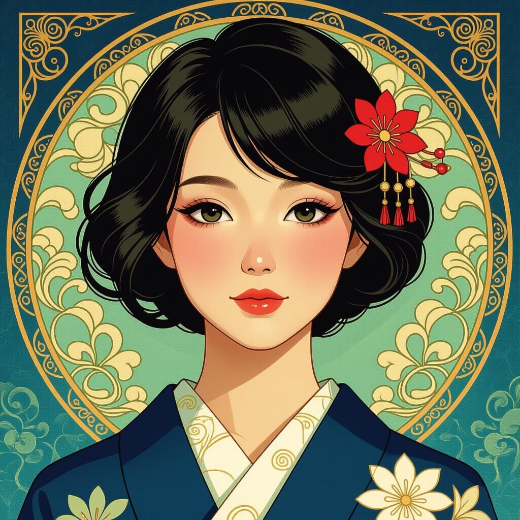 Japanese Girl Portrait in Alphonse Mucha Style