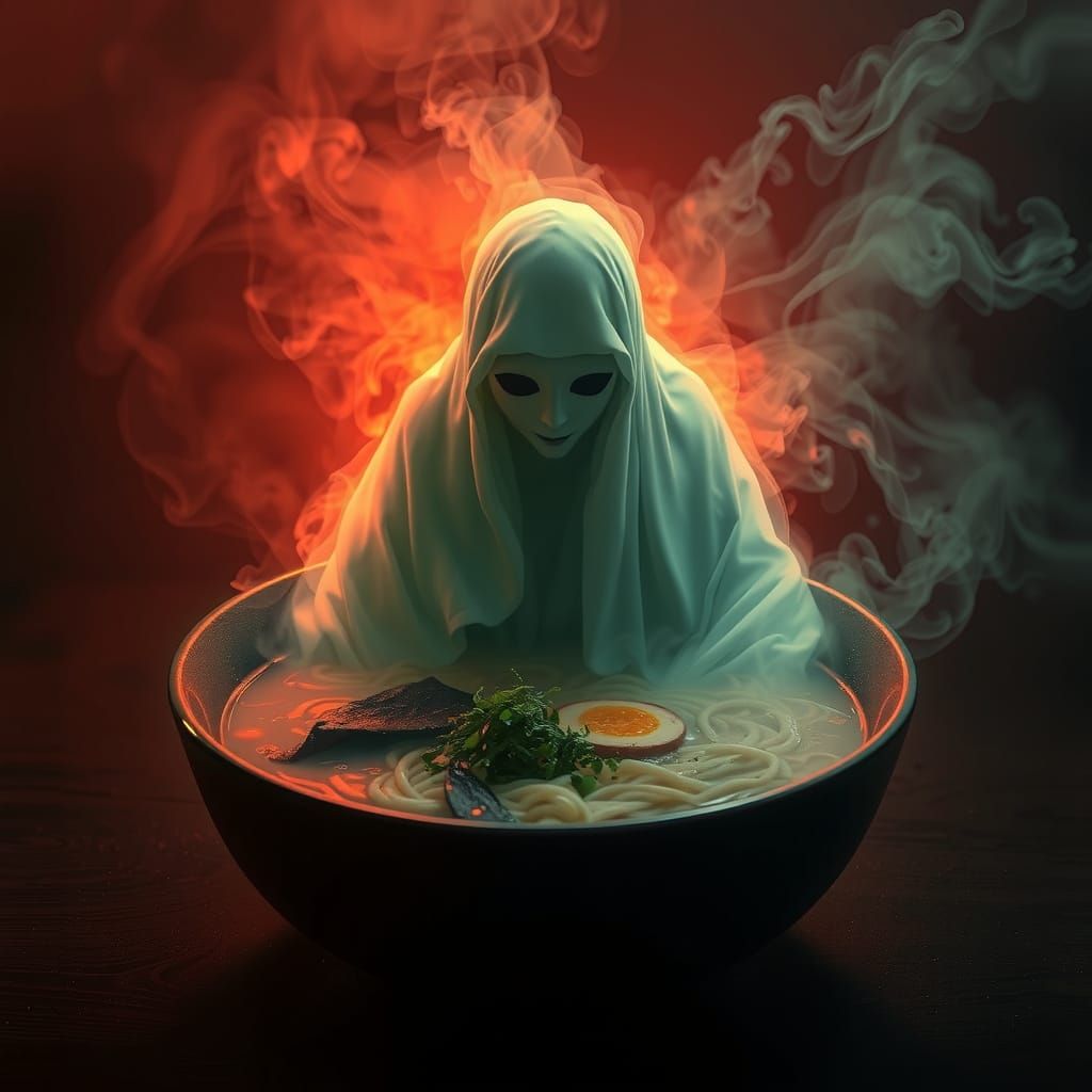 Ghostly Figure in Ramen Bowl, Manga Horror Style