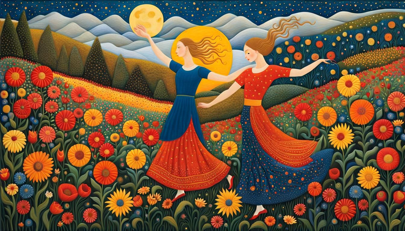 Woman Dancing Among Sun and Moon Flowers