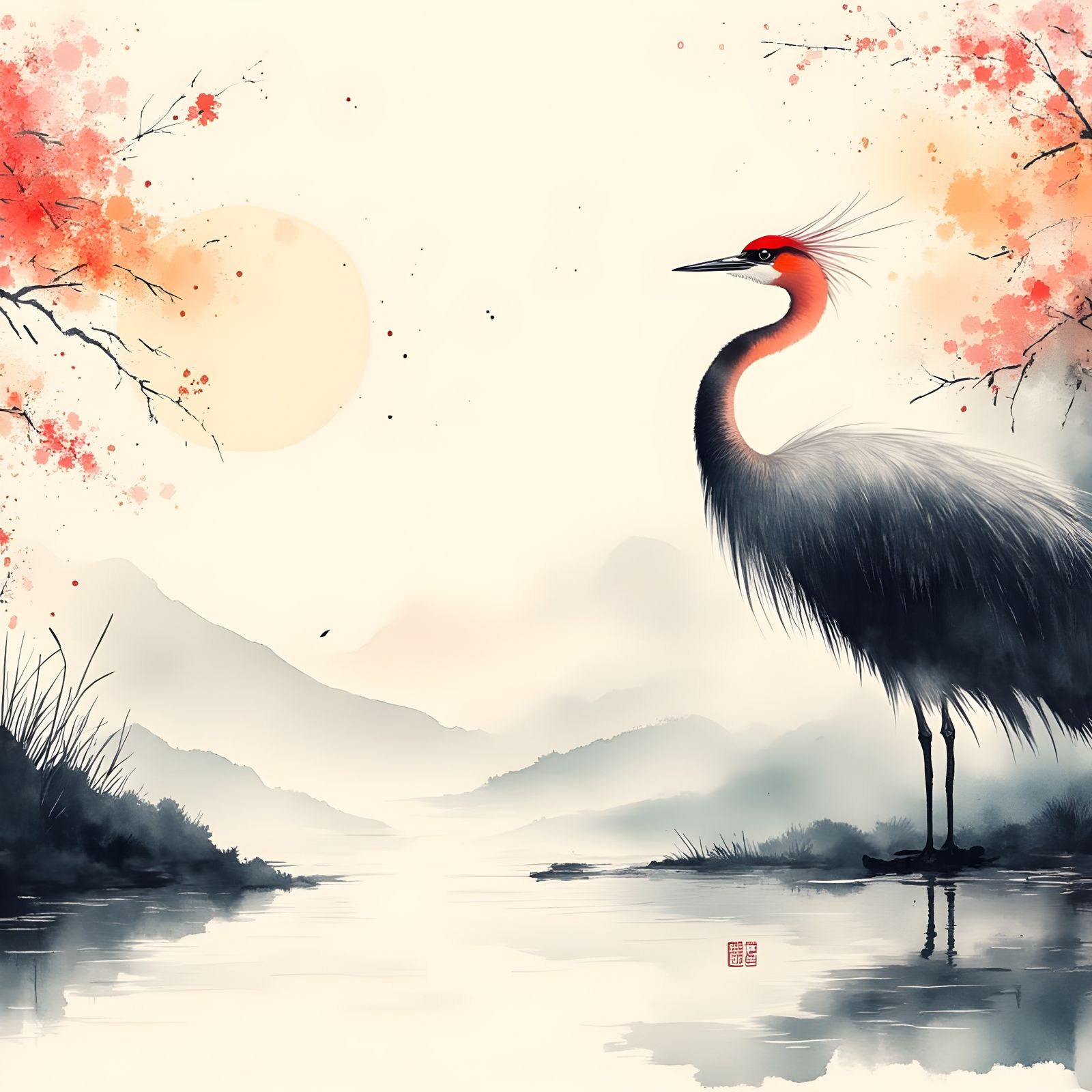 Elegant Redheaded Crane in Serene Sumi-e Landscape