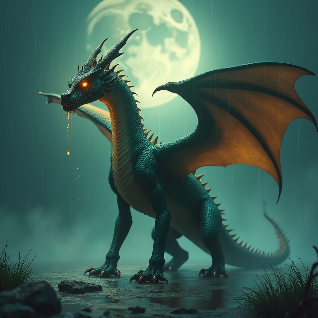Sorrowful Dragon Unleashes Fiery Breath in Moonlight