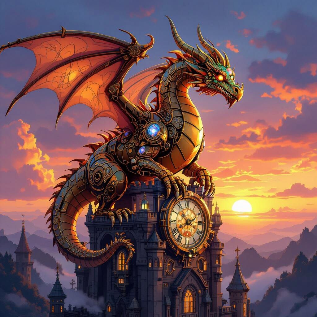 Mechanical Dragon Perched Atop Clockwork Castle