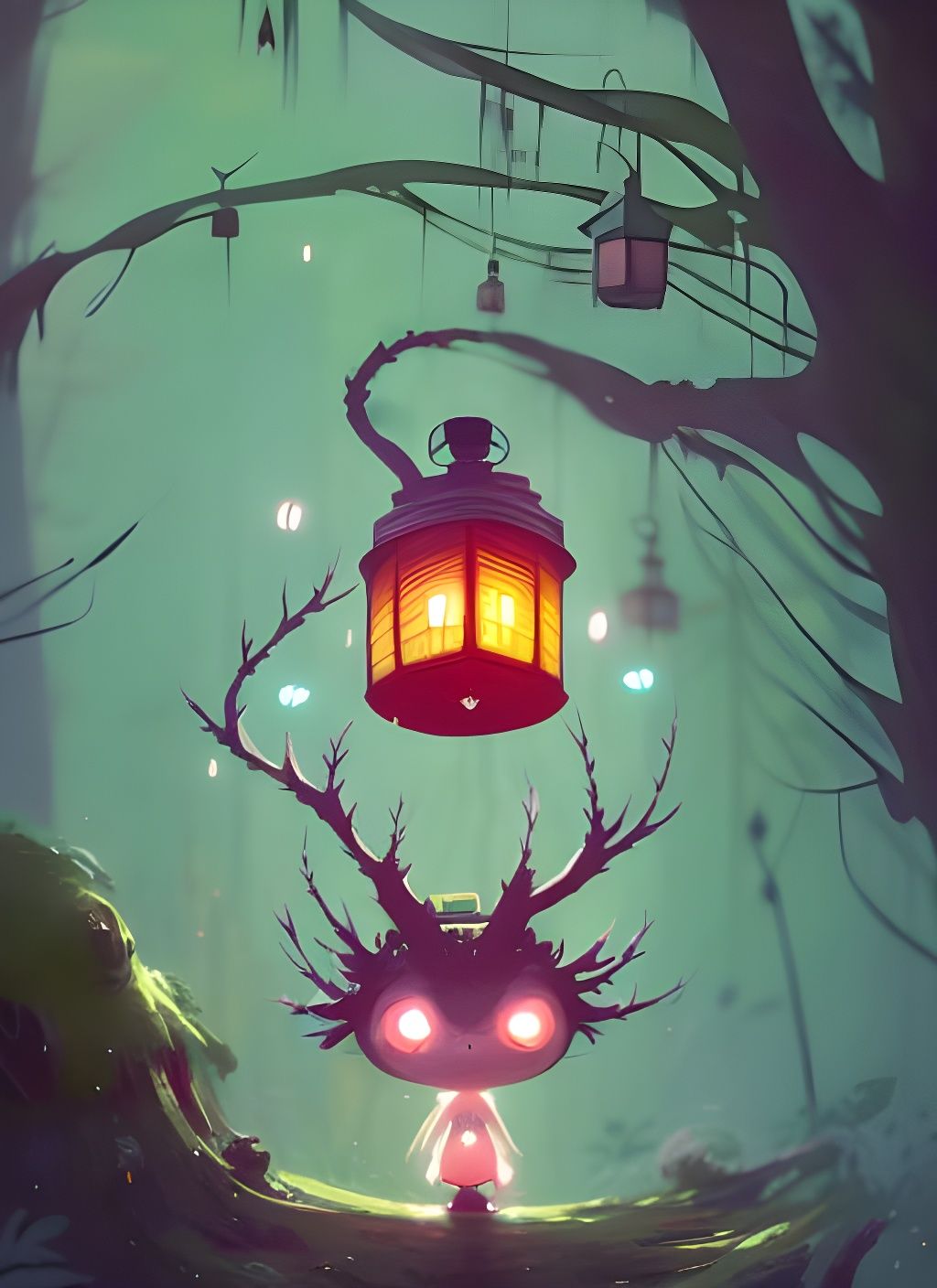 Cute Forest Spirit with Lantern: Digital Illustration