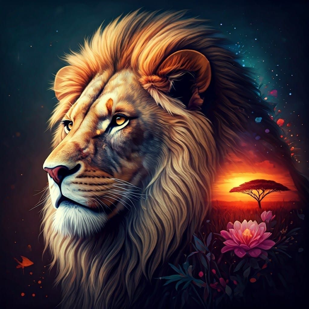 Lion Double Exposure with Savannah and Floral Scenes