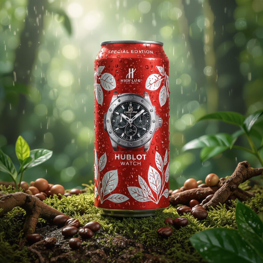 Red Energy Drink Can with Hublot Watch Design