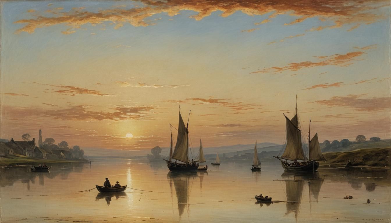 Sunset Rowboats Landscape in Atmospheric Romanticism Style