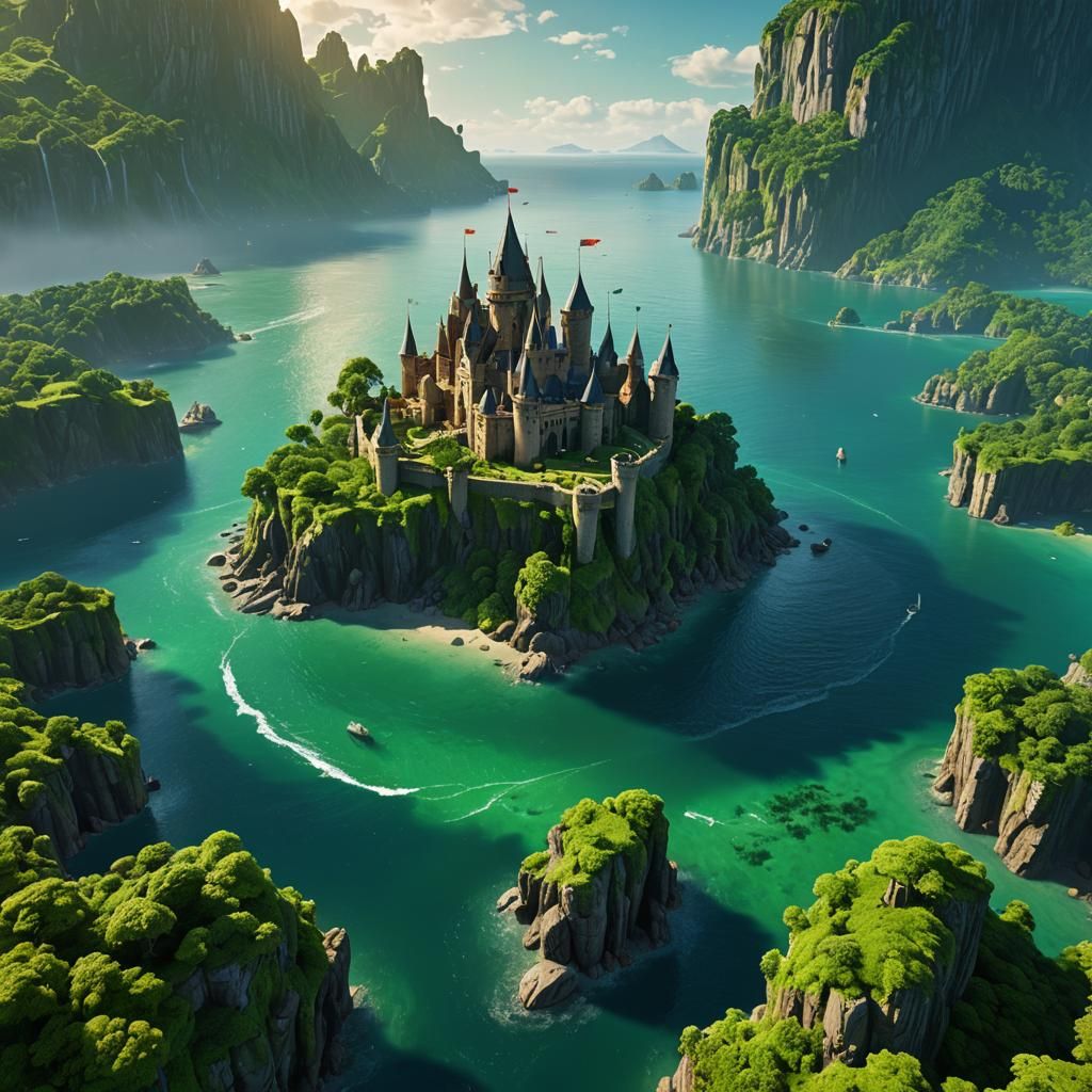 Island Castle with Green Planet, Fantasy Concept Art