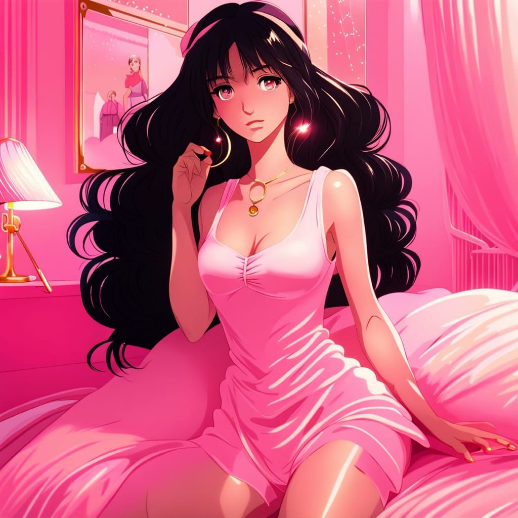 Anime Girl in Soft Pink Bedroom at Golden Hour