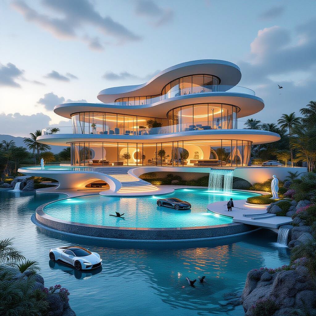 Futuristic Mansion Floating Above Lake in Hyper-Realistic 3D