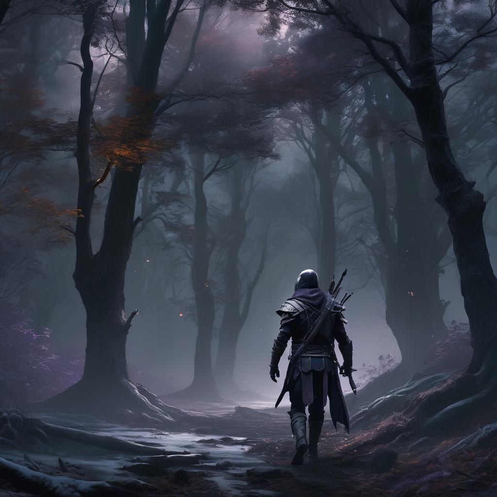 Dark Elf Rogue in Mystical Forest, Digital Painting